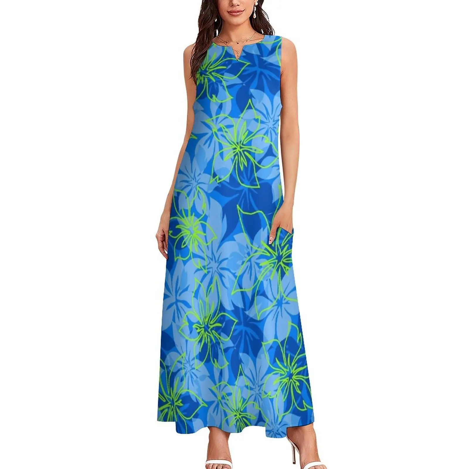 Olowalu Hibiscus Гавайская Алоха рубашка с принтом-синее и лаймовое длинное платье