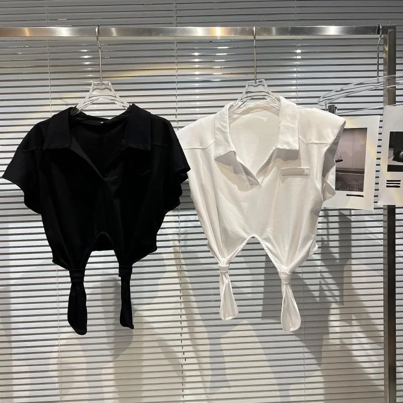 

Summer 2022 Short Sleeve Polo Collar Padded Shoulder Bandage T Shirt Women Fashion Tide Top GF393