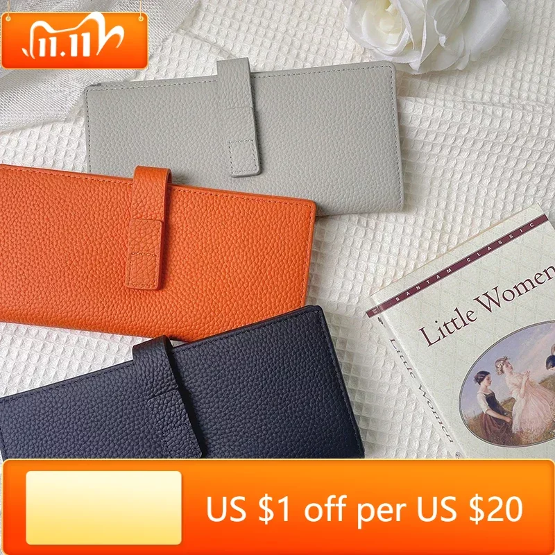 

Genuine Leather Women Wallets Luxury Long Hasp Lychee Pattern Coin Purses Female Brand Solid Colors New Thin Clutch Phone Bag