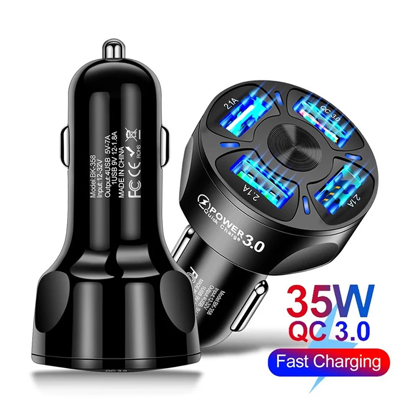 

35W Phone Charger Cigarette Lighter 4 Ports USB LED Light Fast Charging Adapter Mobile Phone Car Chargers