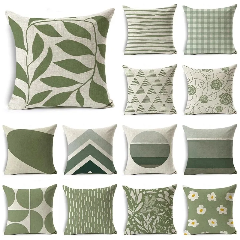 

Green Print Cushion Cover Nordic Geometric Leaf Lines Pillow Case for Living Room Sofa Home Decor Household Pillowslip Case