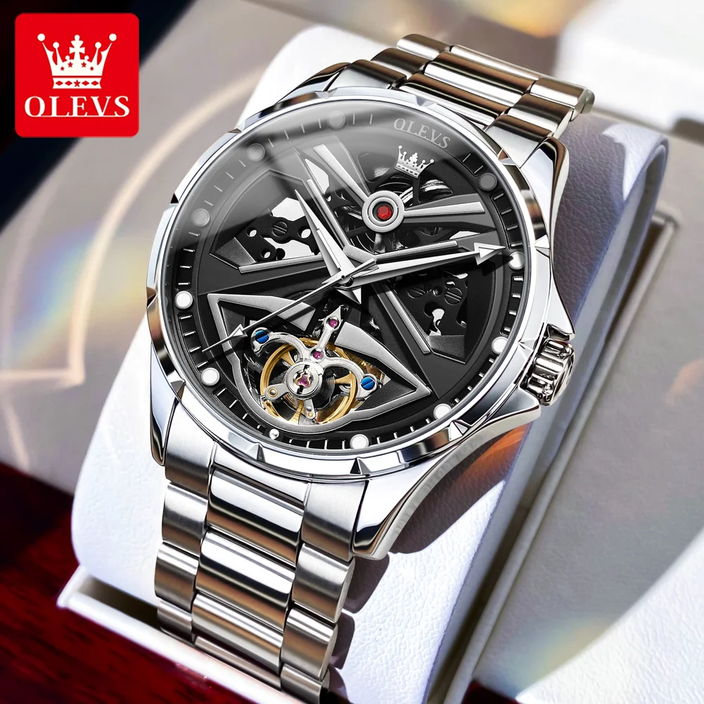 OLEVS Men Tourbillon Mechanical Watch Stainless Steel Luminous Waterproof Automatic Skeleton Watch for Men Relogio Masculino