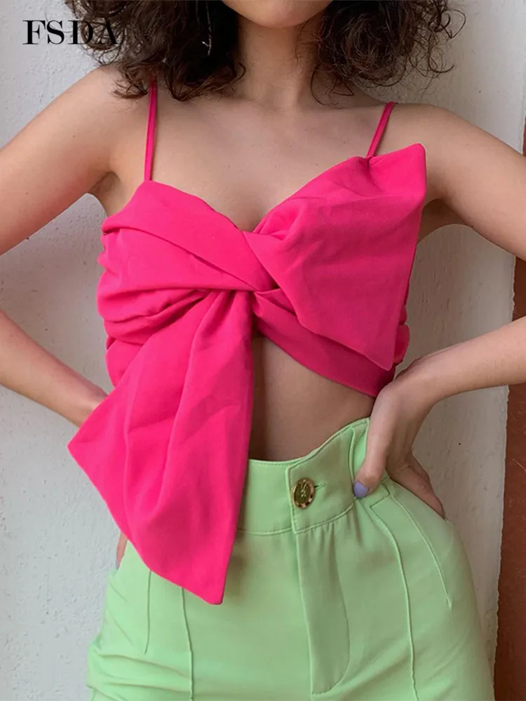 

FSDA 2022 Summer Bow Crop Top Spaghetti Strap Y2K Sexy Tank Tops Women Backless Sleeveless Cami Fashion Casual Elegant