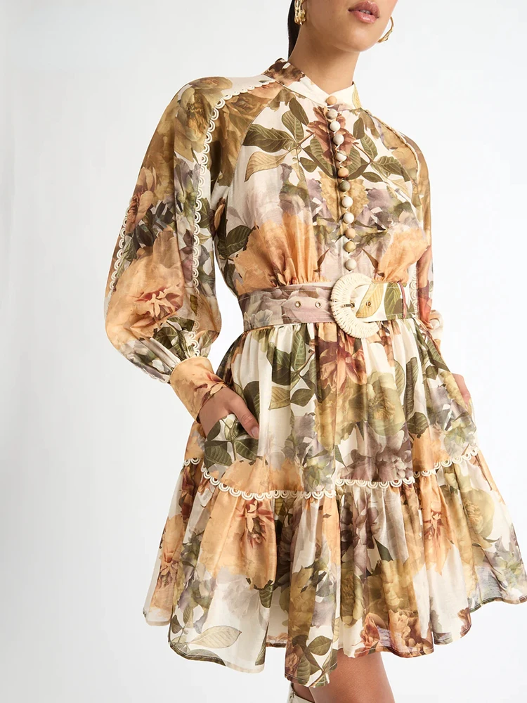 

Женское платье с цветочным принтом, элегантное платье составного кроя с воротником-стойкой, пышными рукавами, высокой талией и поясом, 2023