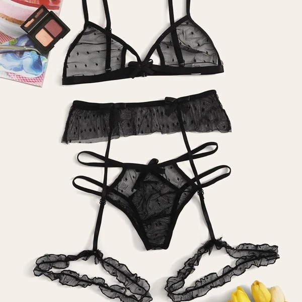 

Sexy Bra Set Transparent See Through Bra and Panty Set with Garter Perspective Mesh Lace Lingerie Set Ladies Underwear Set