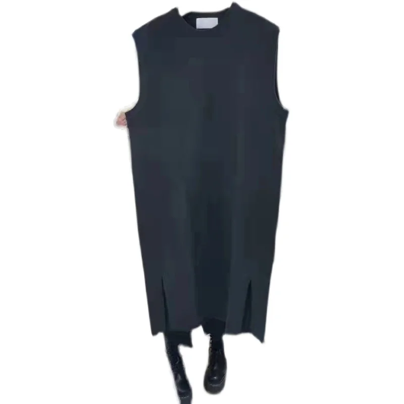 

VANOVICH 2022 Summer New Korean Style Fashion Forked Solid Sleeveless Casual O-Neck Knee-Length Straight Pullover Women Dress