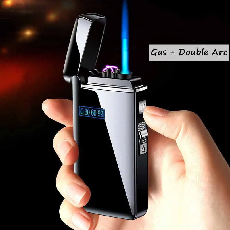 

Metal Outdoor Windproof Dual Arc Plasma USB Lighter Blue Flame Turbo Torch Butane Gas Cigar Battery Display Men's Gadget Gift