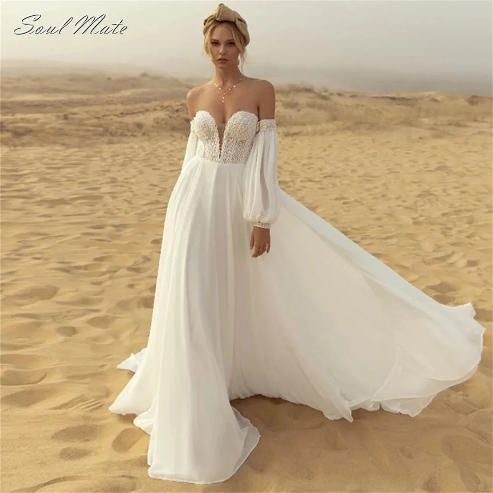 

Sexy Boho Chic A-Line Wedding Dress For Women Sweetheart Neck Fashion Puff Sleeve Lace Bridal Gown Appliques Robe De Mairee