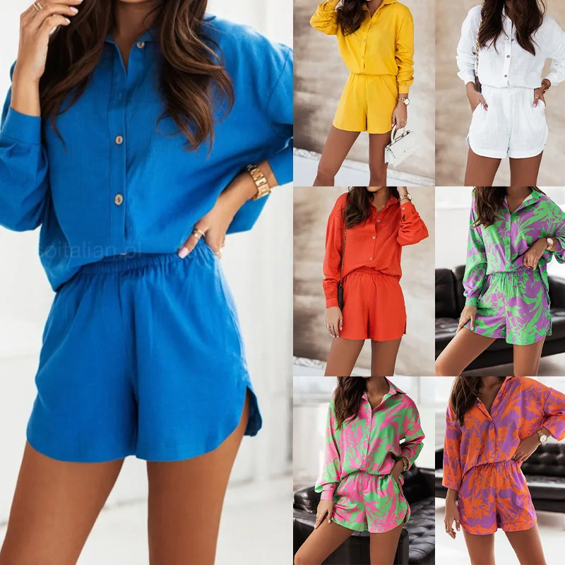 2022 Shorts Sets Women Causal Tops Summer Elastic Waist Shorts Travel Beach Woman Suit Outfits 2-Pieces set