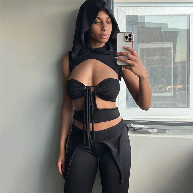 

Женский пуловер с капюшоном, готический Топ без рукавов, с вырезами, на шнуровке