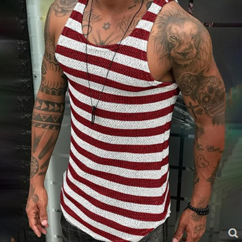 

2023 Summer Men's Tank Top New Fashion Striped Knit Sleeveless Sports Tank Top Slim Round Neck Best Harajuku Cotton Fashion Men