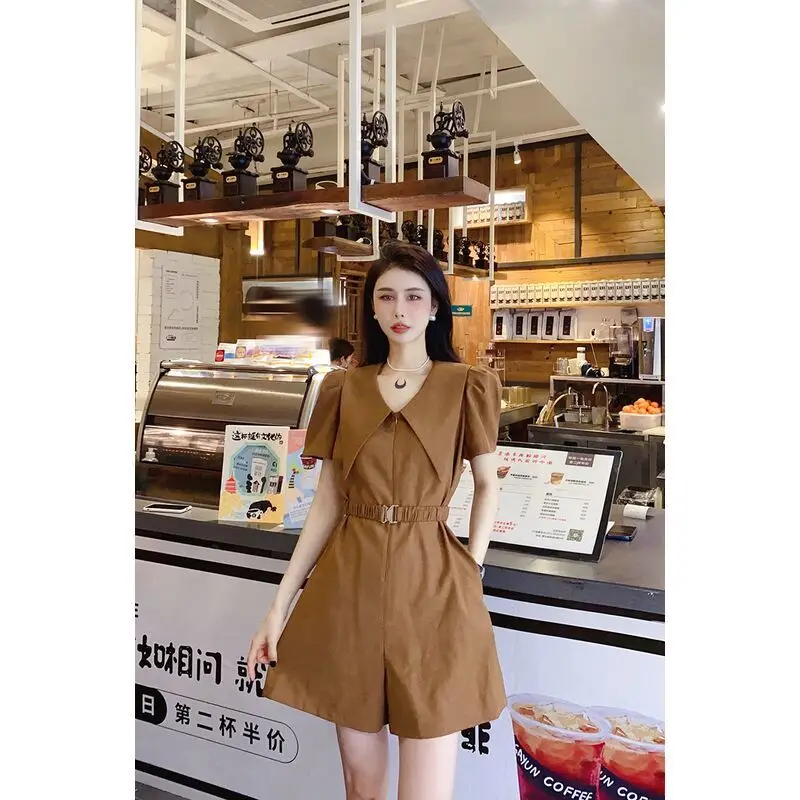 Women's Slim Fit Short Sleeve Jumpsuit V Neck Comfortable Romper Breathable Overall Casual Bodysuit Mid Waist Jumpsuits Q24