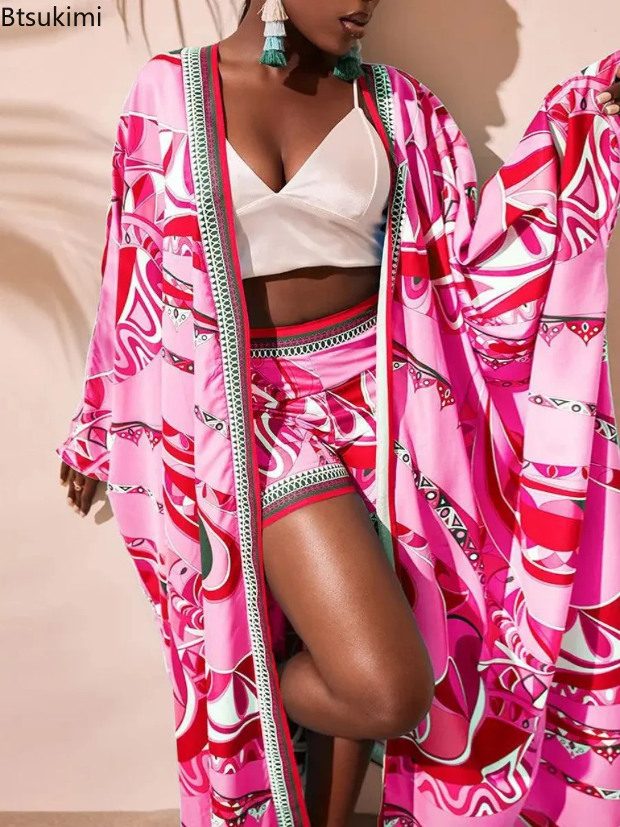 

New 2023 Spring Summer Casual Sets for Women Print Long Sleeve Coat Shawl and Shorts Set Women Beachwear 2 Pieces Summer Sets