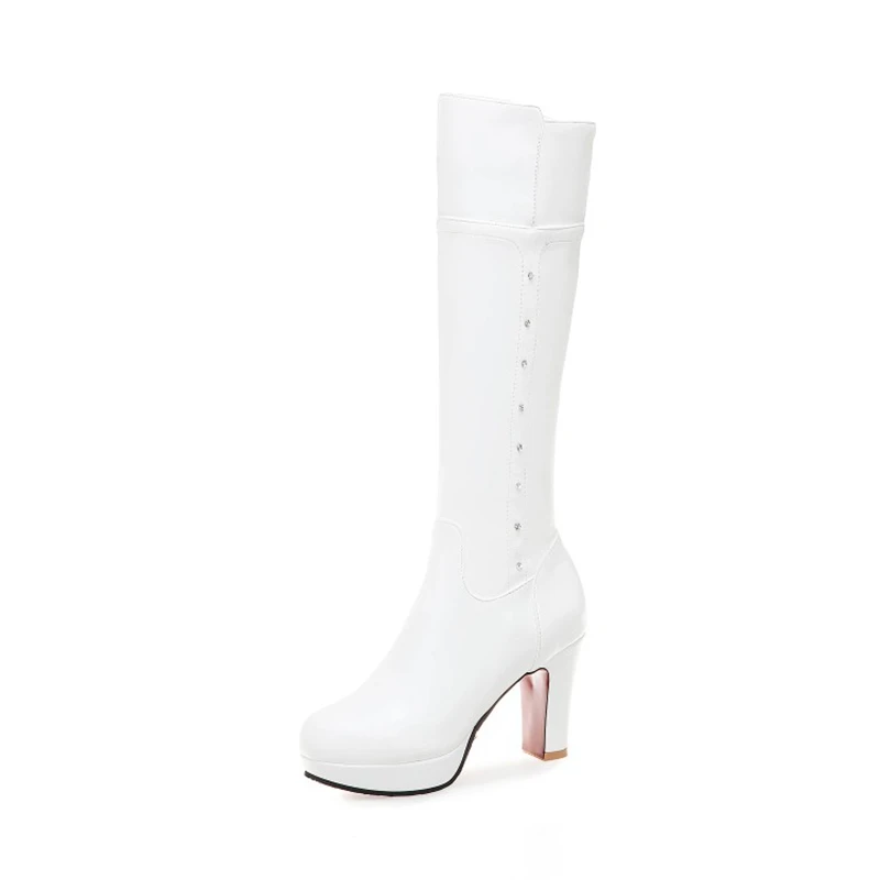 

Женские сапоги на платформе BLXQPYT, высокие белые кожаные сапоги на высоком каблуке, с круглым носком, без застежки, сезон весна-осень, 526-4
