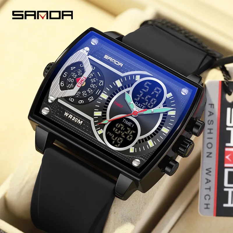 

Sanda 6032 Three Time Zones Date Day Function Analog Led Display Quartz Dgital Movement Waterproof Men Wrist Watch