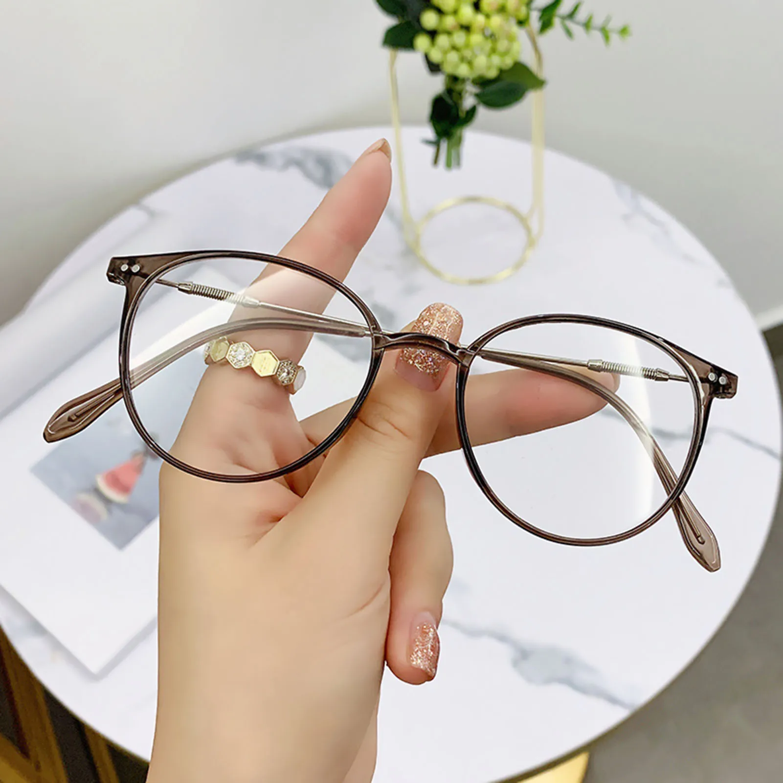 

2022 Unisex Round Full Frame For Women Man Anti-blue Light Glasses Flat Lens Flexible Metal Temple Korean Fashion Eyeglasses