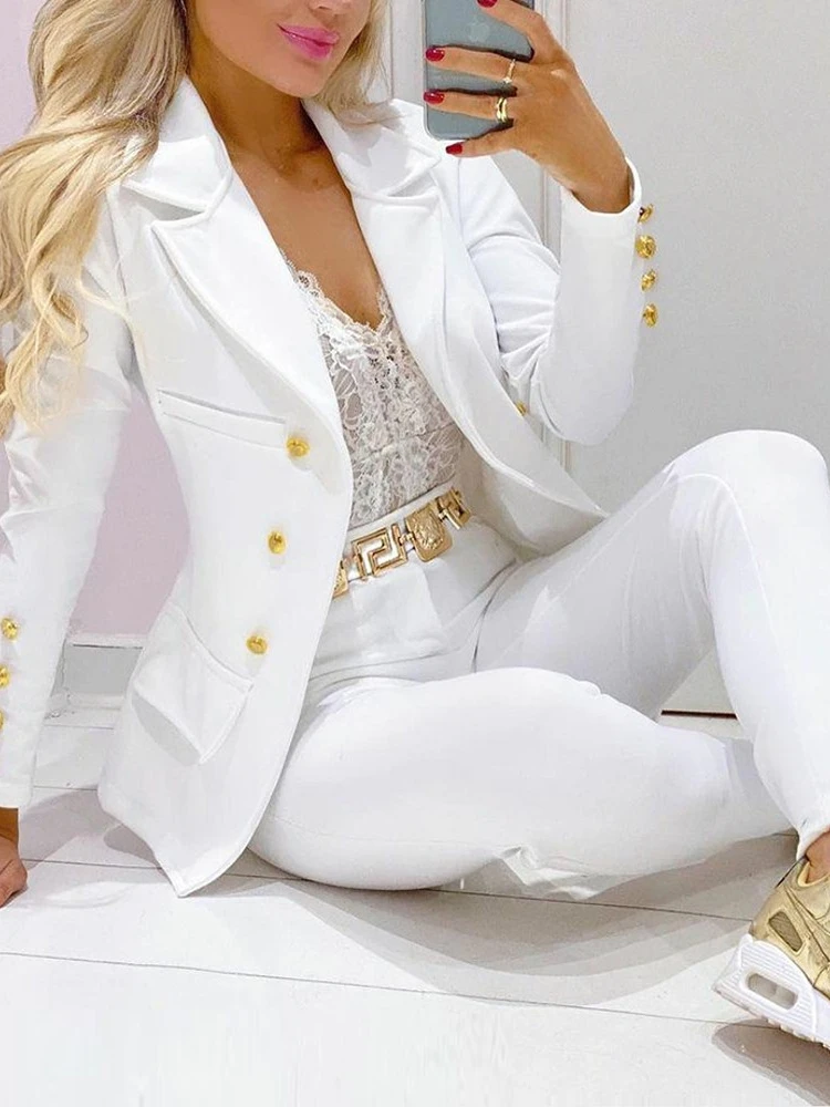New White Blazer Suit For Women Two Pieces Set Formal Long Sleeve Jacket and Trousers Office Ladies Business Suits Office Wear