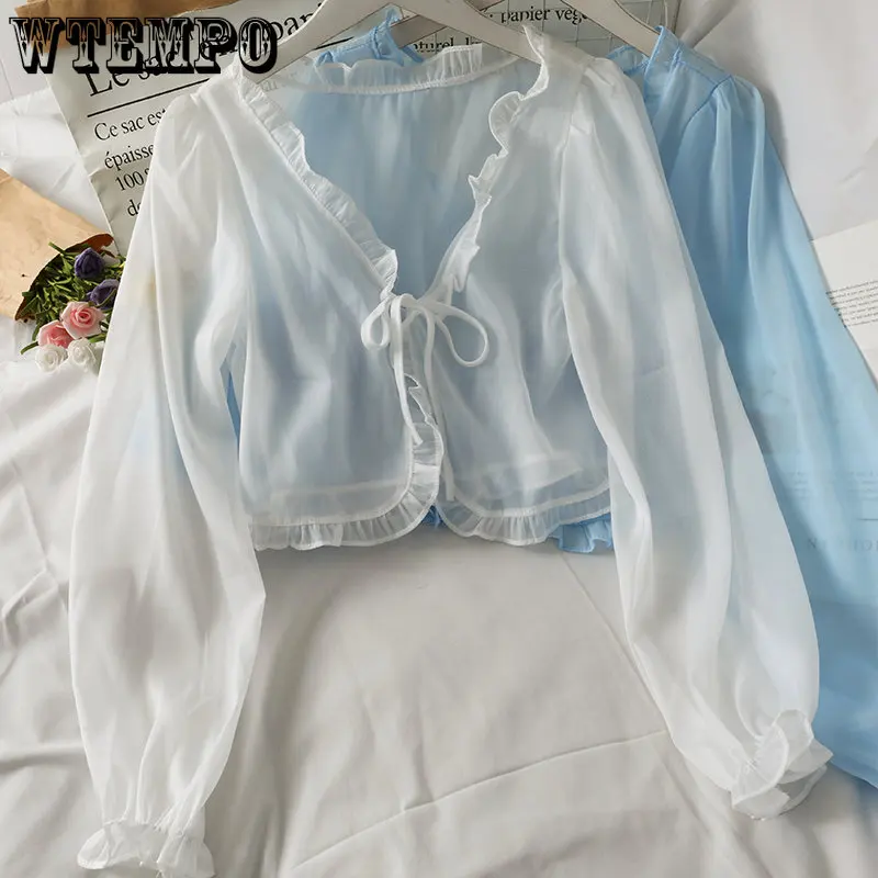

WTEMPO Casual Lace Bow Summer Sun Protection Clothes Female Cardigan Shirt Fashion Streetwear Blouse for Woman