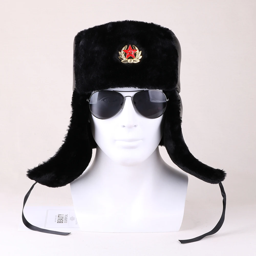 

Black Winter Bomber Hat PU Leather Warm Plush Russian Ushanka With Soviet Badge Men Women Thicken Outdoor Windproof Snow Ski Cap