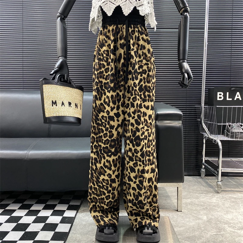 New 2022 Designer new style Famous brand High waist Drawstring Leopard Print Straight pants Summer Retro Versatile casual pants
