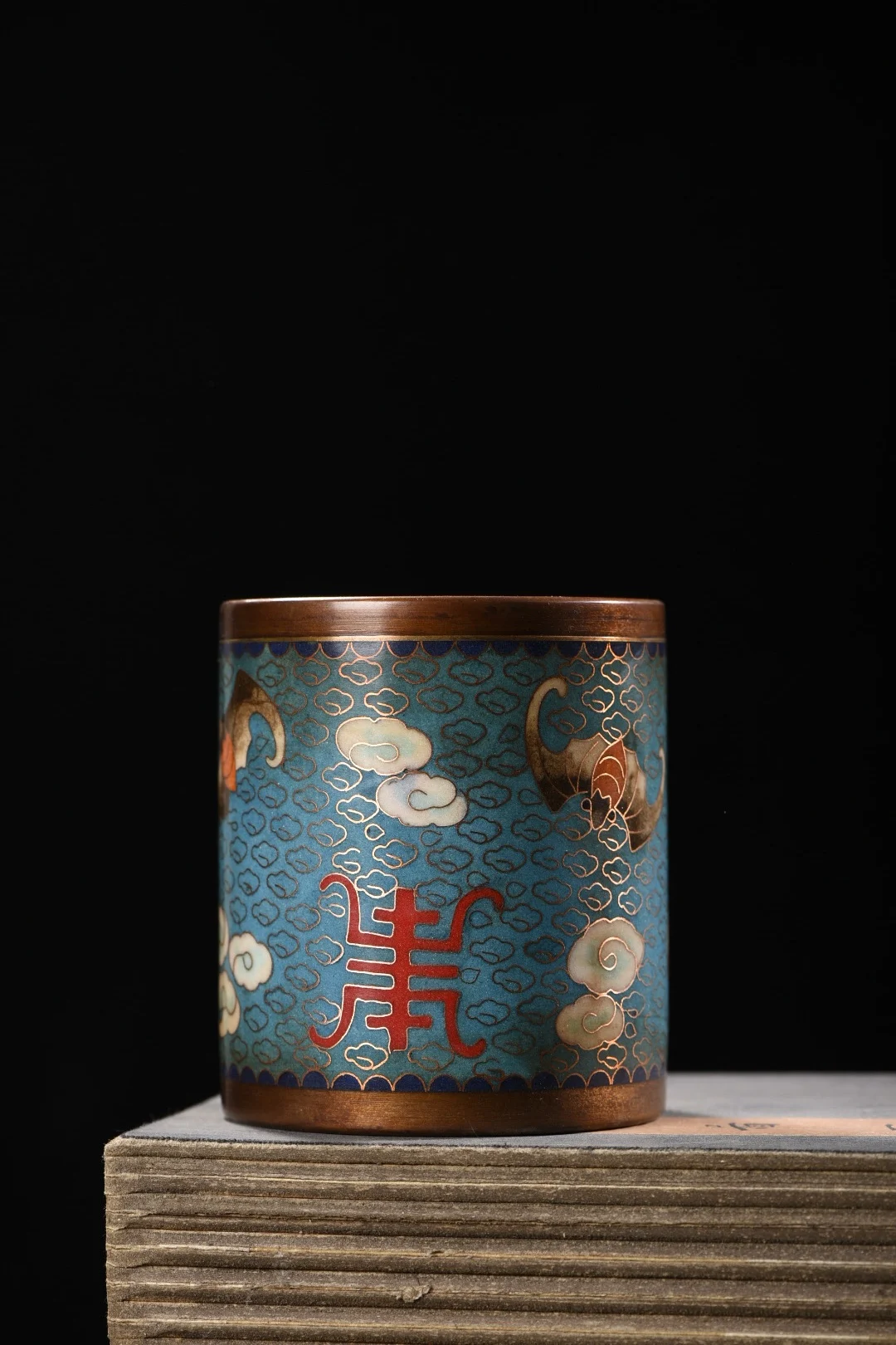 

4"Tibetan Temple Collection Old Purple Bronze Cloisonne Enamel cloud crane Longevity handwriting Pen holder Gather fortune