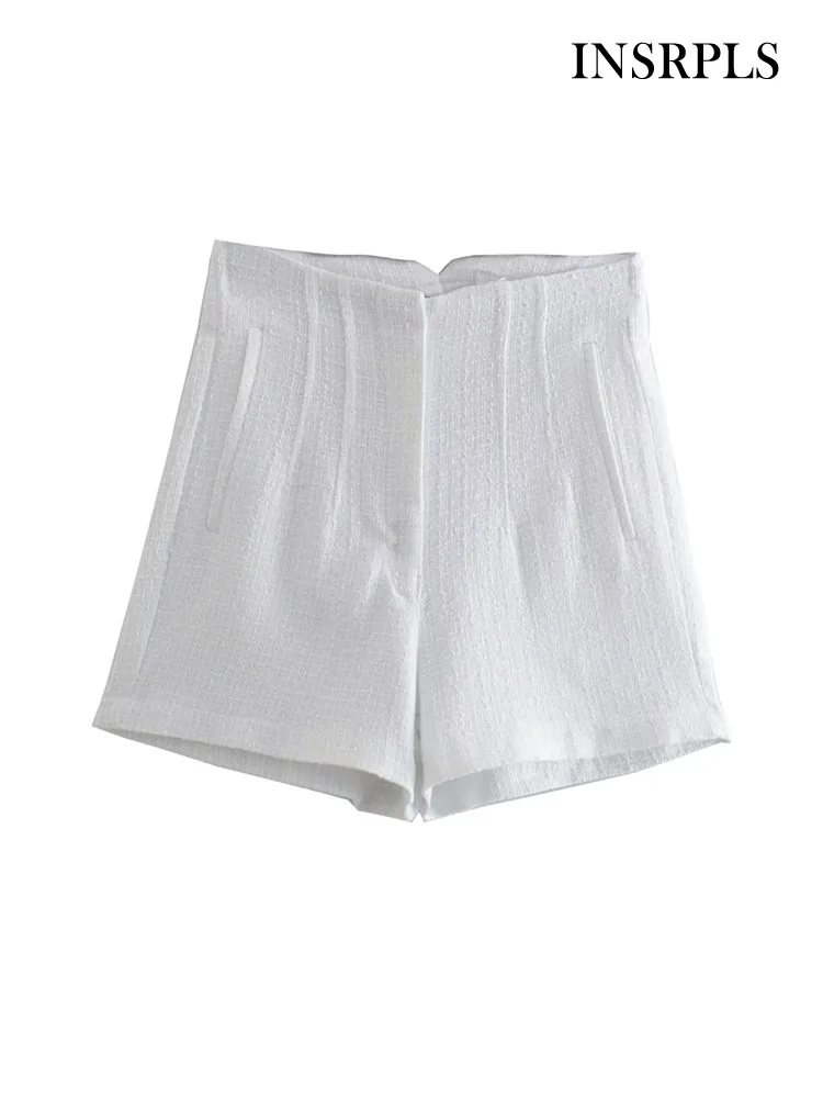 

INSRPLS Women Fashion With Pronounced Seams Tweed Shorts Vintage High Waist Zipper Fly Female Short Pants Mujer