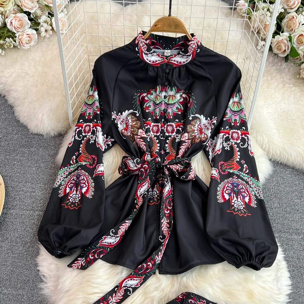 Модный комплект темпераментная рубашка с длинным рукавом-фонариком стоячим