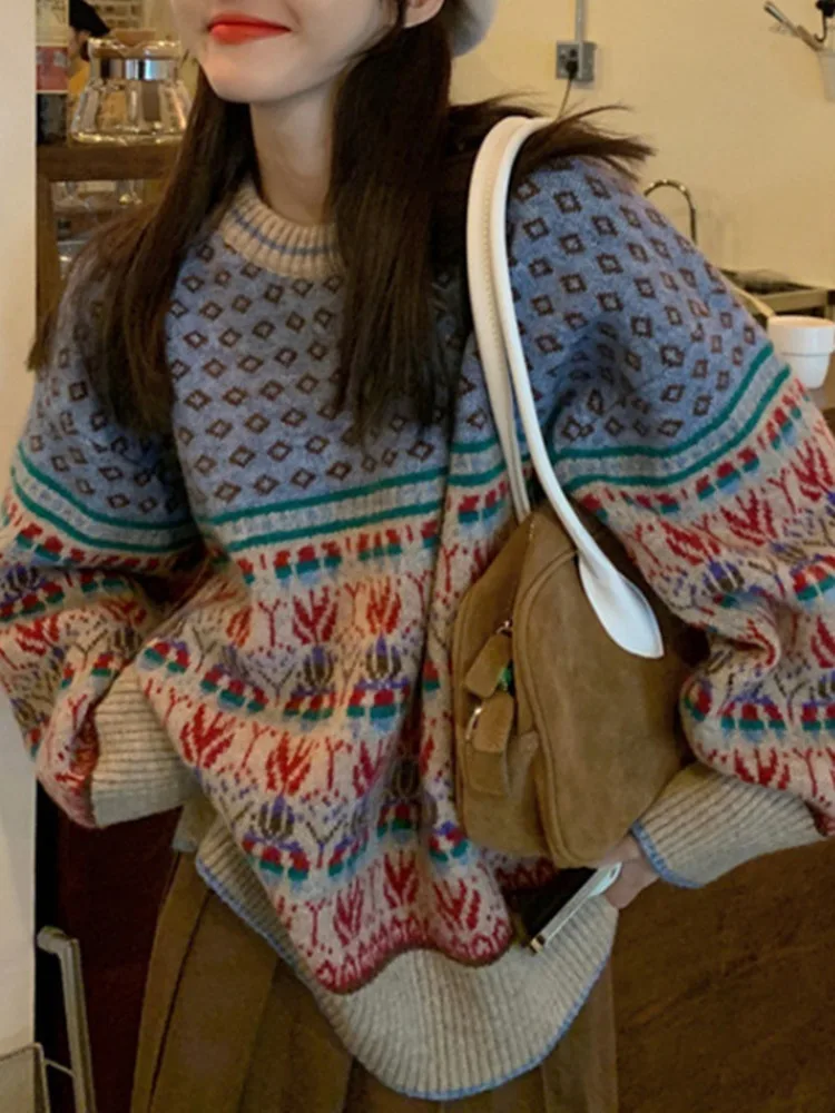 

Knitted Sweater Women Pullover Retro Jacquard Loose Outwear Lazy Wind Korean Women Top Fashion Streetwear Clothes Top