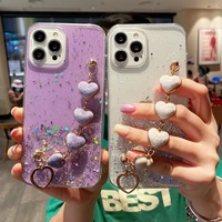 luxury love heart plush bracelet phone case for iphone 13 12 11 pro max xr xs se2020 12mini 6 7 8 plus wrist chain silicon cover