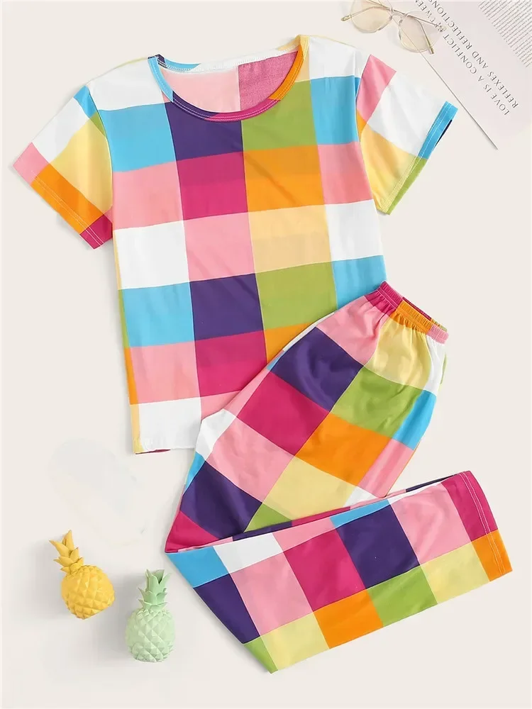 Пижамный комплект женский из 2 предметов мягкая клетчатая пижама с принтом