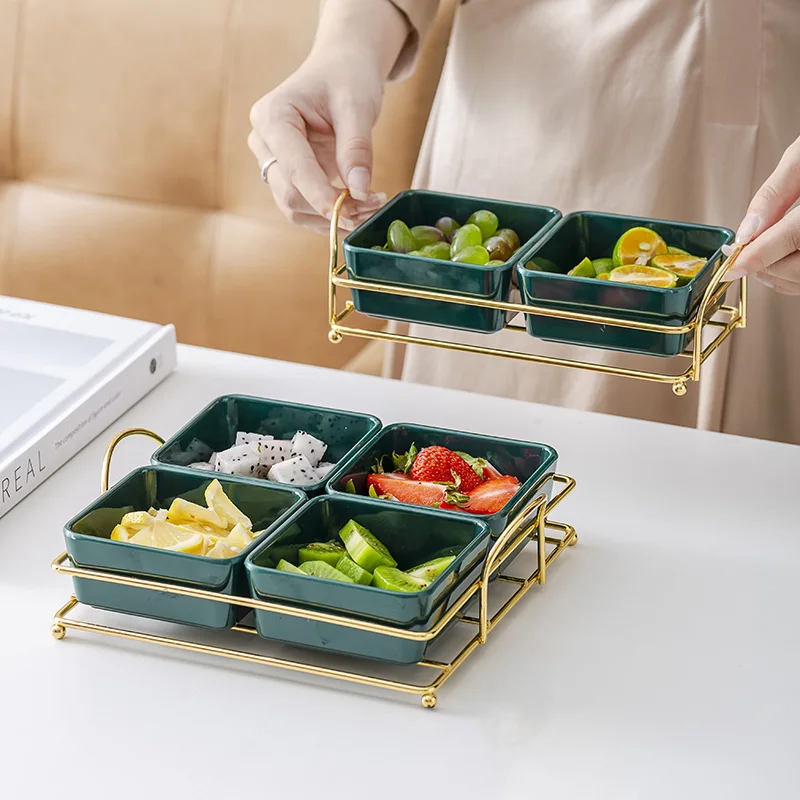 

Green Ceramic Grid Fruit Platter Snack Dessert Dishes Household Square Pastry Cake Bowl Storage Tray Restaurant Display Dishes