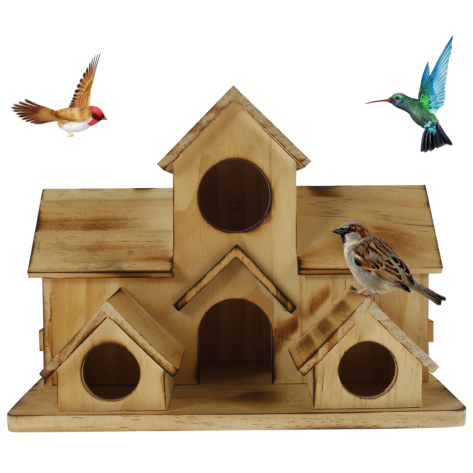 

Bird House with 6 Holes Handmade Wooden Birdhouse Hanging Bird Nesting Box Durable Bird House Hotel Large Hummingbird House