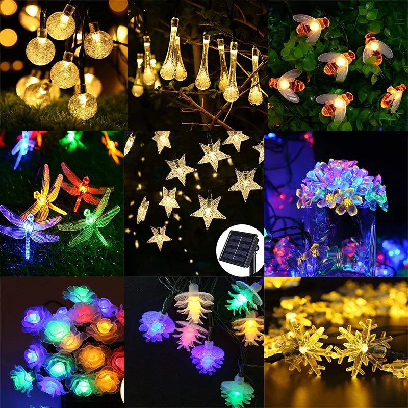 Guirnaldas de luces solares de 18 estilos, lámpara Solar de flor de melocotón de 5-12M, guirnalda de luces LED de energía, decoración navideña de jardín para exteriores