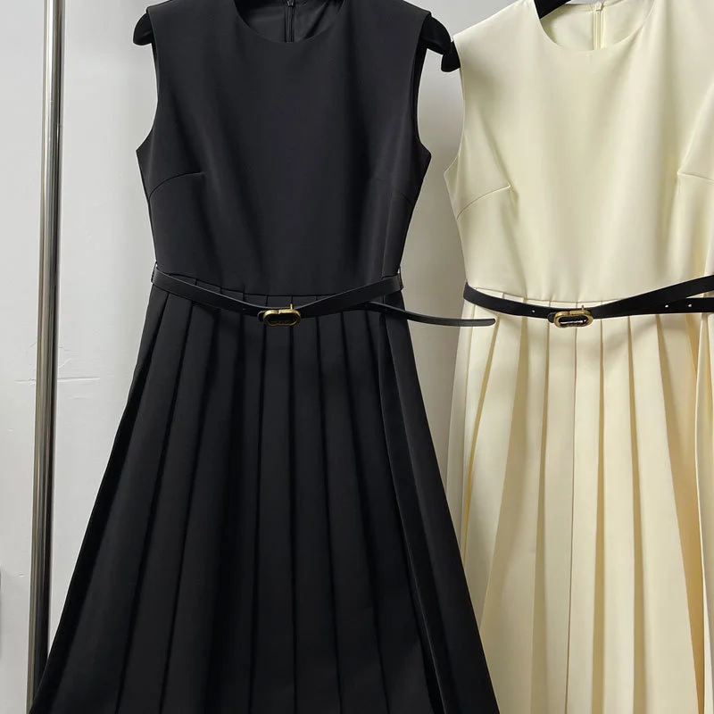 

Dress 23Early Spring New Wool Solid Fashion Runway Round Neck Waist Sleeveless Pleated Dresses Elegant Chic Clothes Women 2Color