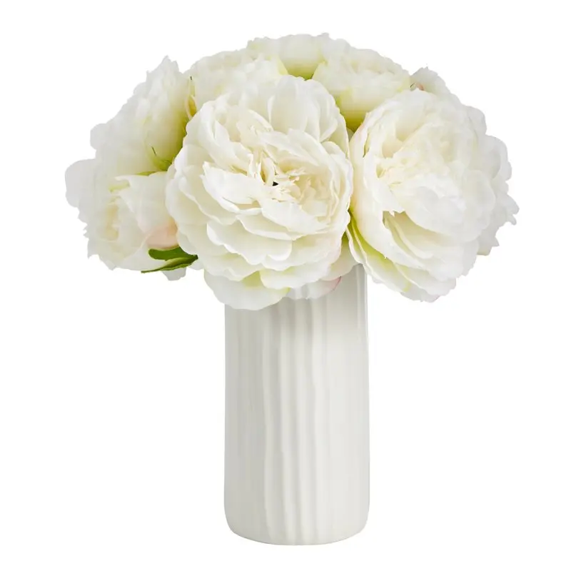 

11in. Peony Bouquet Artificial Arrangement in White Vase, White