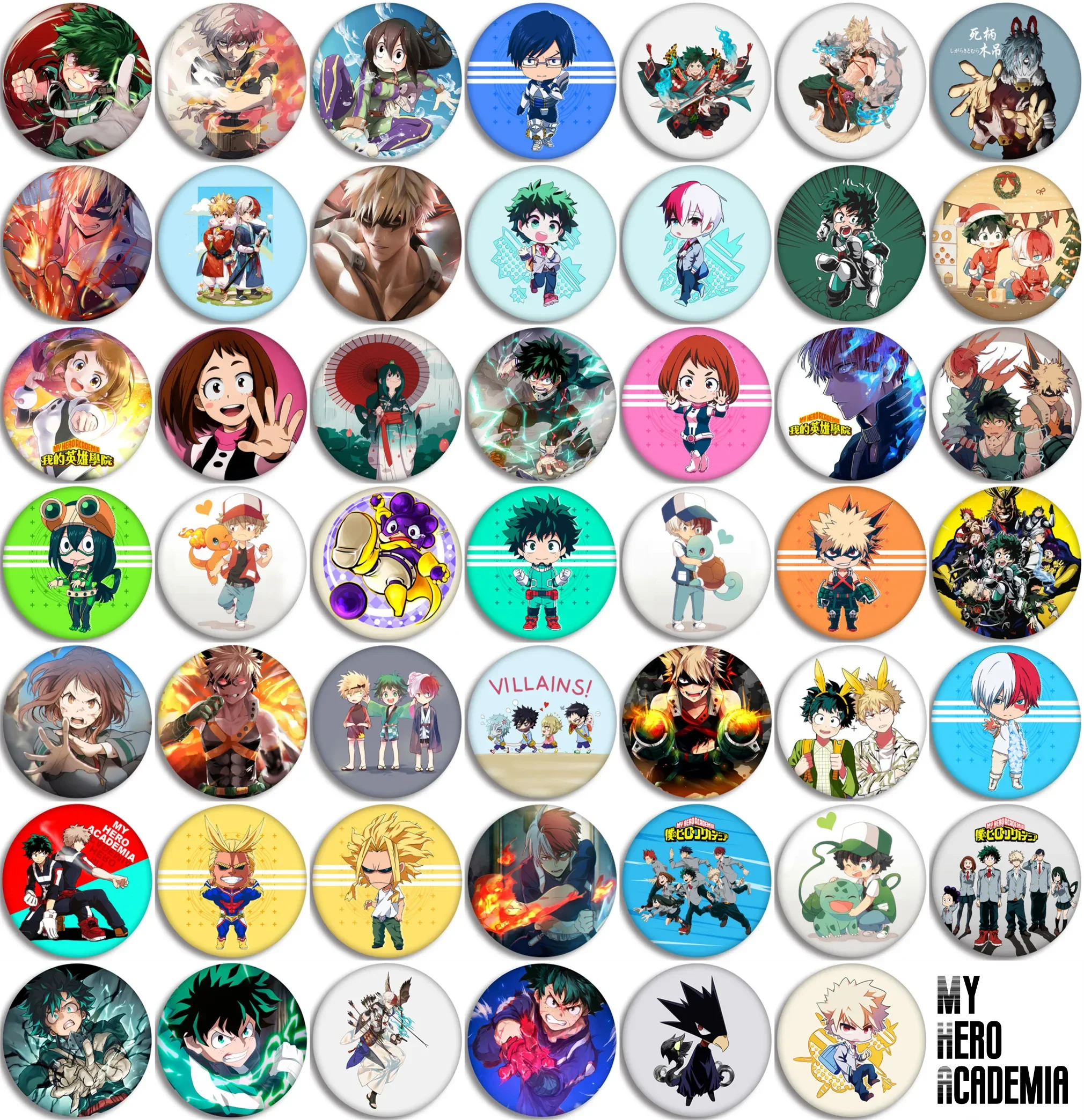 

Аниме значок мой герой академия, японская мультяшная брошь 58 мм, металлическая круглая эмблема, подвеска для рюкзака, украшение одежды, 48 шт./партия