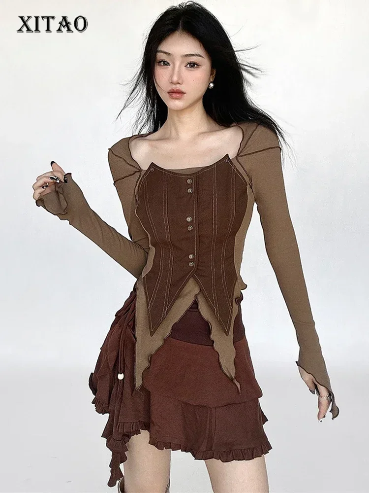 

XITAO Full Sleeve Vintage Shirt Fashion Contrast Color Irregular Personality 2023 Autumn Women New All-match Shirt DMJ3149