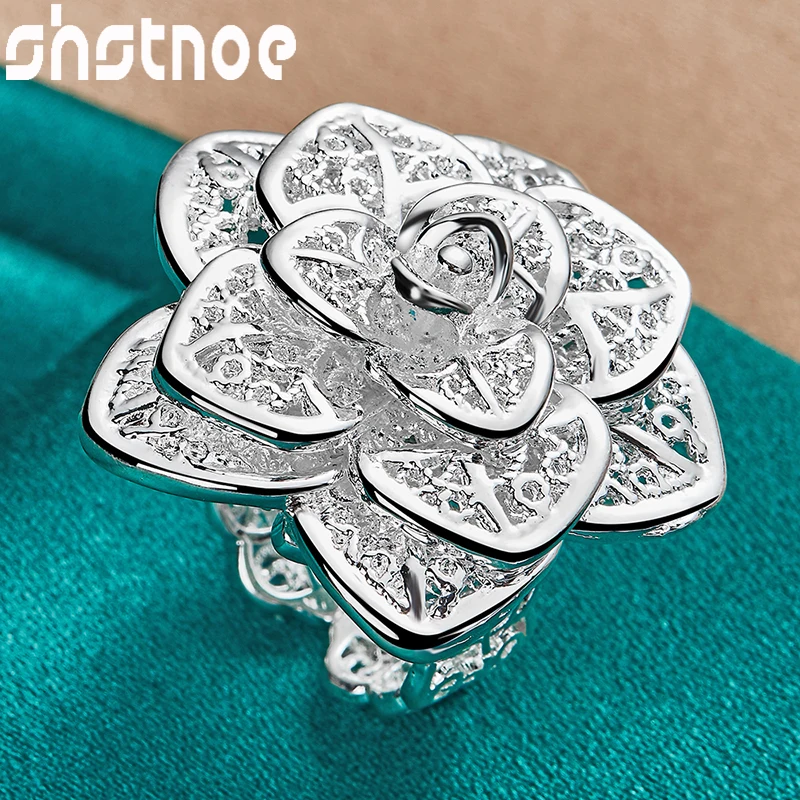 

SHSTONE 925 Sterling Silver Fashion Pretty Charm Three-Dimensional Flower Open Ring For Women Bridal Wedding Bands Lady Jewelry