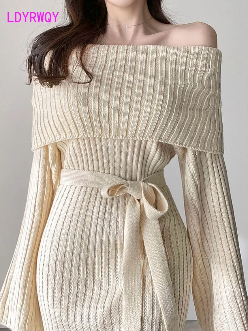 

Korean style one-shoulder French tea break design knitted long-sleeved dress for women in autumn and winter