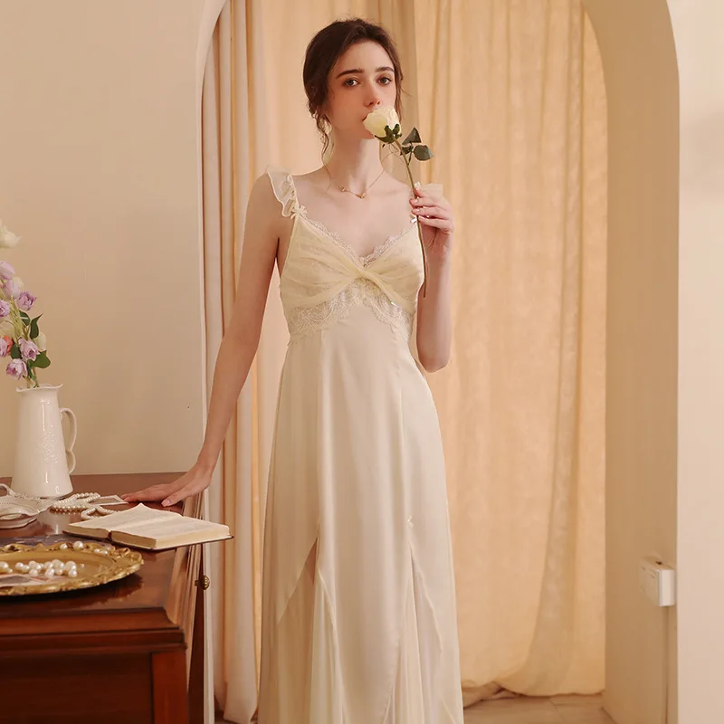 

Винтажная летняя сетчатая ночная рубашка, Женская Милая Ночная рубашка без рукавов, длинная свободная пижама из вискозы, кружевная Однотонная ночная рубашка