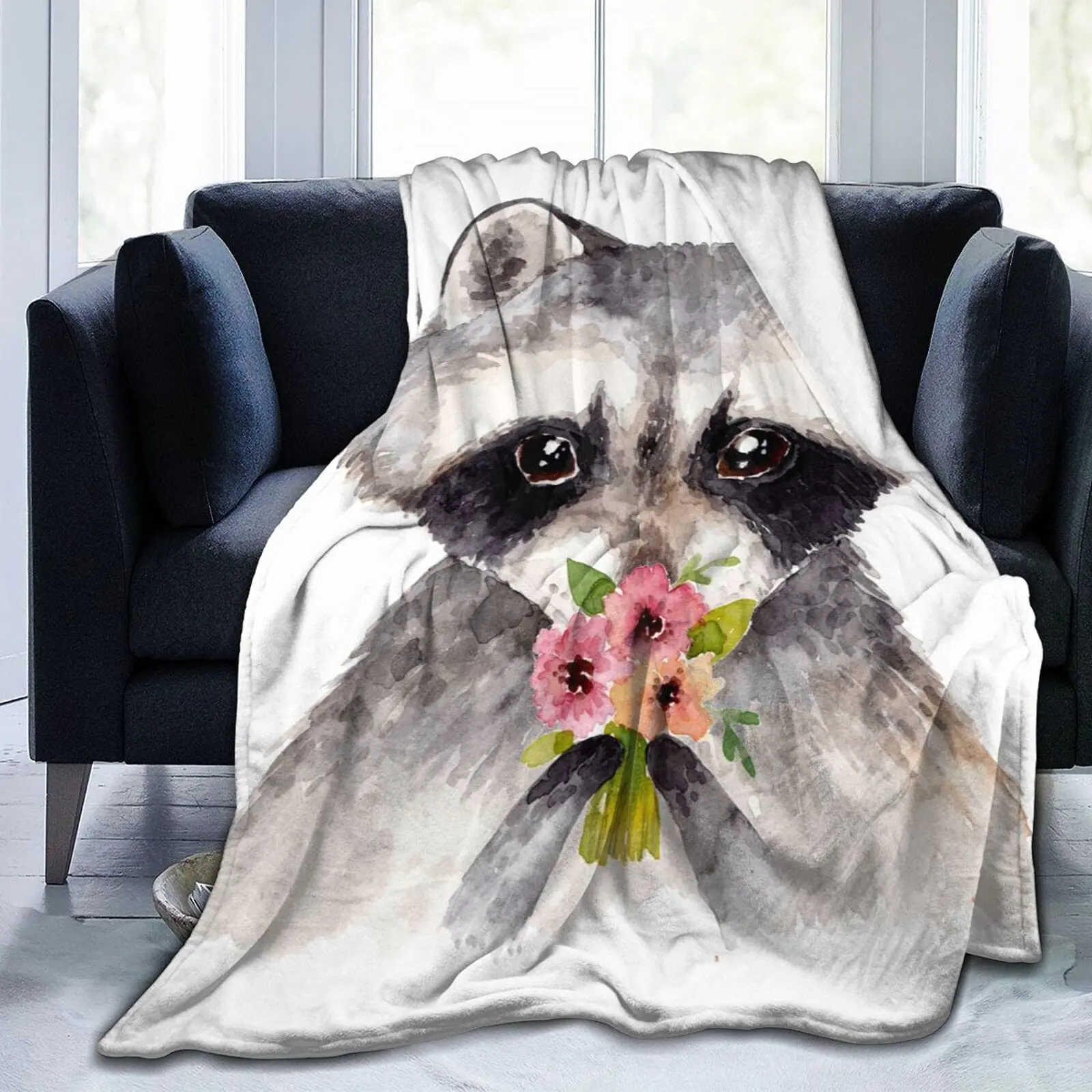 

Raccoon and Flowers Soft Throw Blanket All Season Microplush Warm Blankets Lightweight Fuzzy Flannel Blanket for Bed Sofa Couch