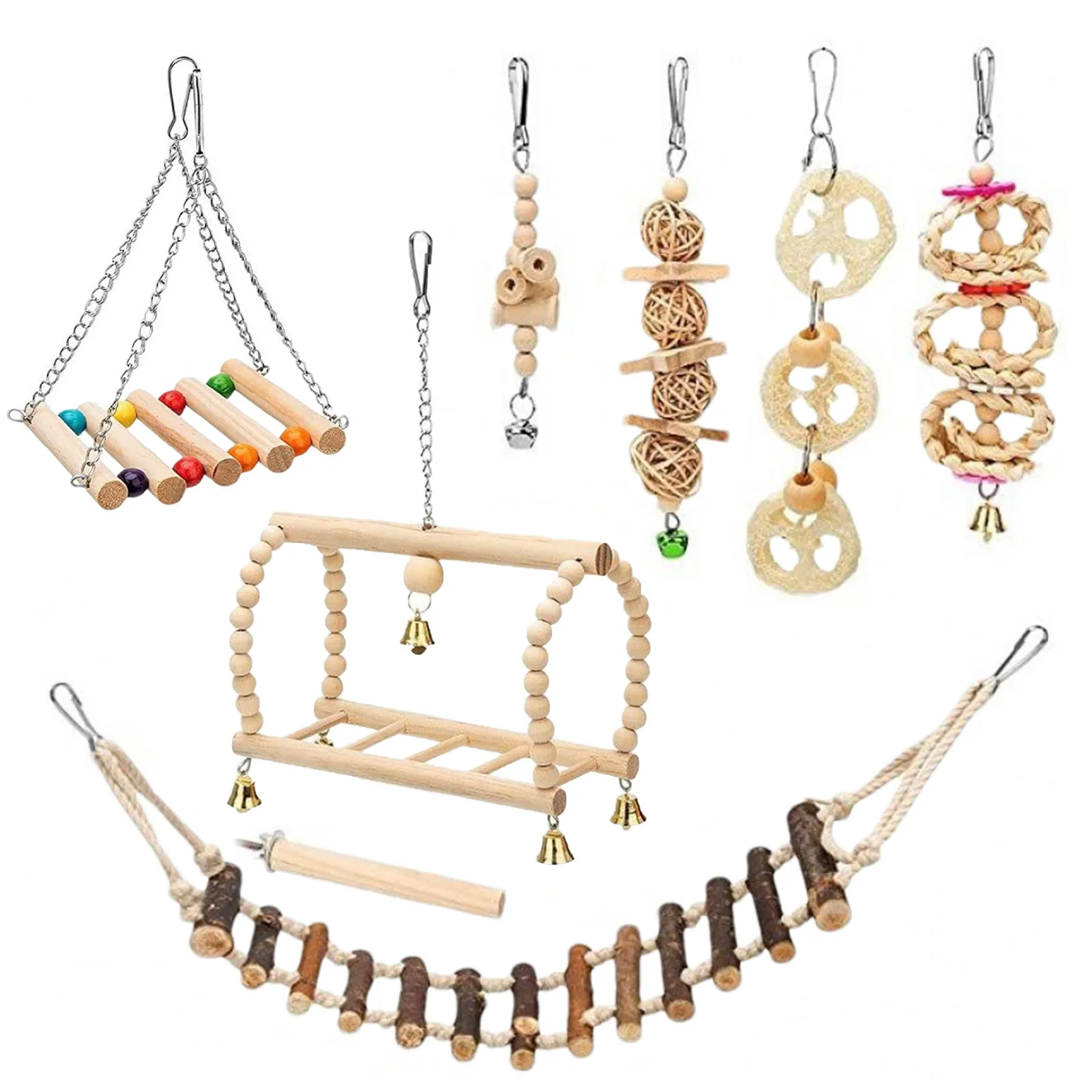 

Набор игрушек для птиц, 8 шт., набор игрушек для попугаев, лестница для скалолазания, кокосовый искусственный попугай, качели, игрушка для мал...