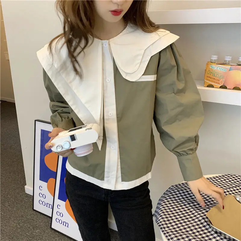 

2022 Spring Autumn Women Casual Loose Patchwork Blouse Ladies Single Breasted Long Sleeeve Shirt Female Vintage Office Tops R169