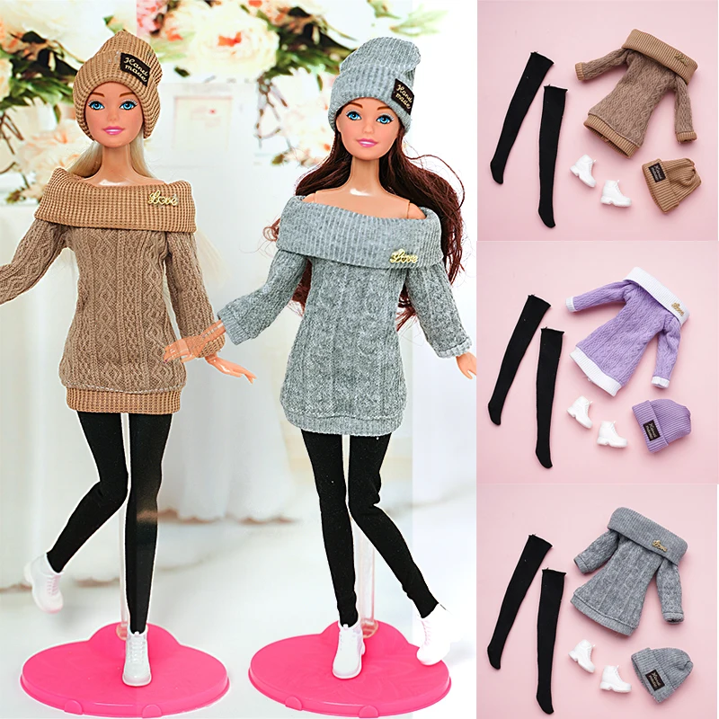 

30cm Doll Clothes Outfit 4-Piece Set Doll Suit Clothes For Barbie Dolls Hat Sweater Stocks Shoes Clothes Daily Dress Up Suit
