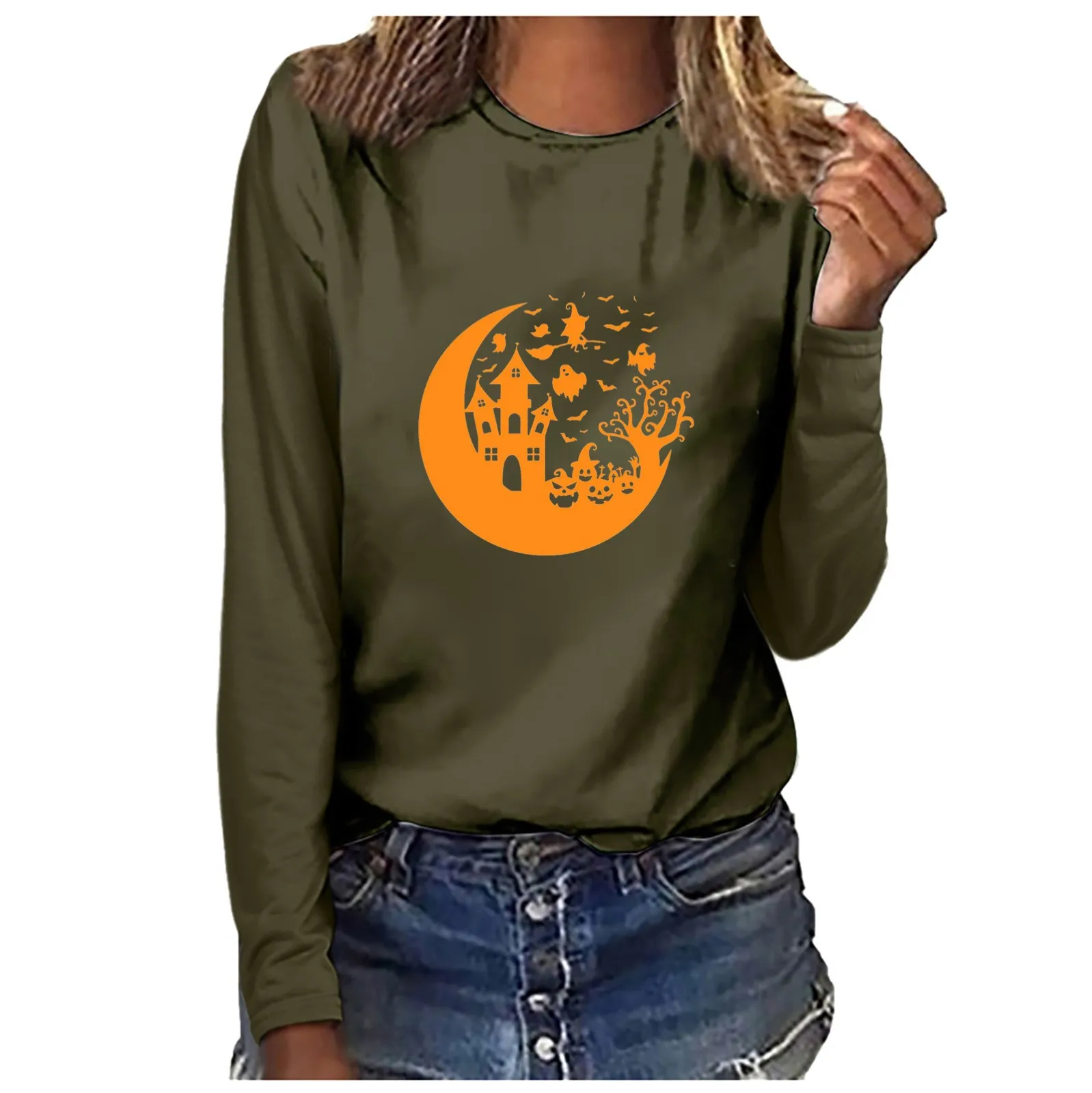 

Ladies Casual Round Neck Printed Long Sleeve Halloween Long Sleeve T Shirt Tech 2