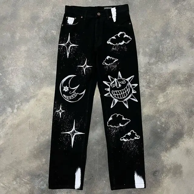 

Harajuku Style Street American Star Print Jeans Men's Black Loose Hip-hop Wide-leg Sports Pants Casual Trend Straight Long Pants