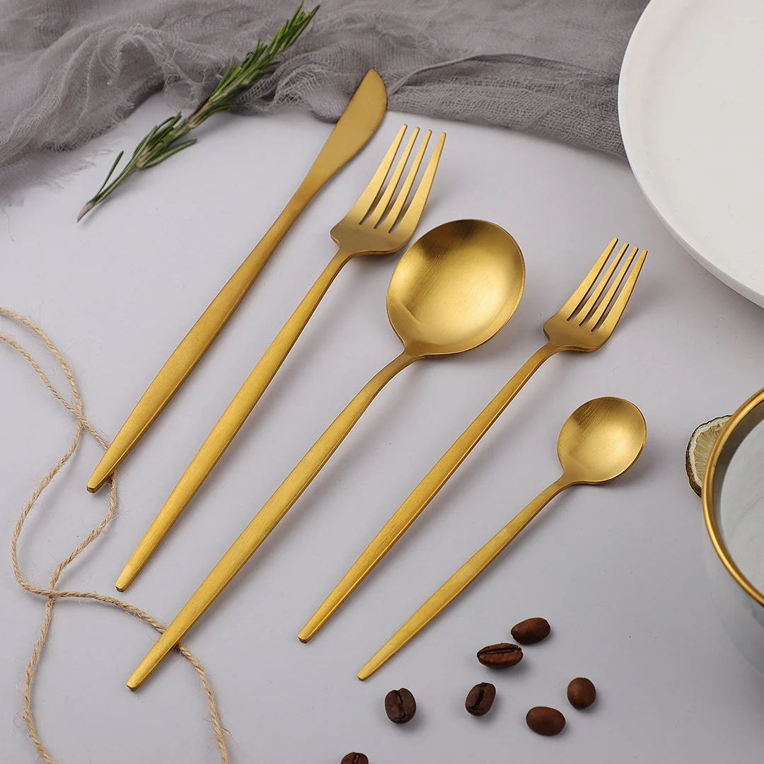 

Matte Stainless Steel Cutlery Set Wedding Dinnerware Knives Forks Spoons Flatware Set Kitchen Utensils Travel Cutlery Golden