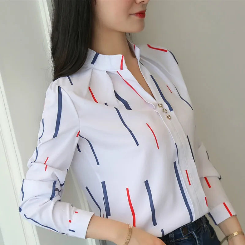 New Spring Summer Women Loose Casual Shirt & Tops Feminine Tripes Long Sleeve White Chiffon Tops & Blouses 3XL