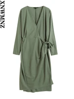 xnwmnz 2022 women fashion wrap long dress woman retro elegant belt v neck long sleeve female chic dresses
