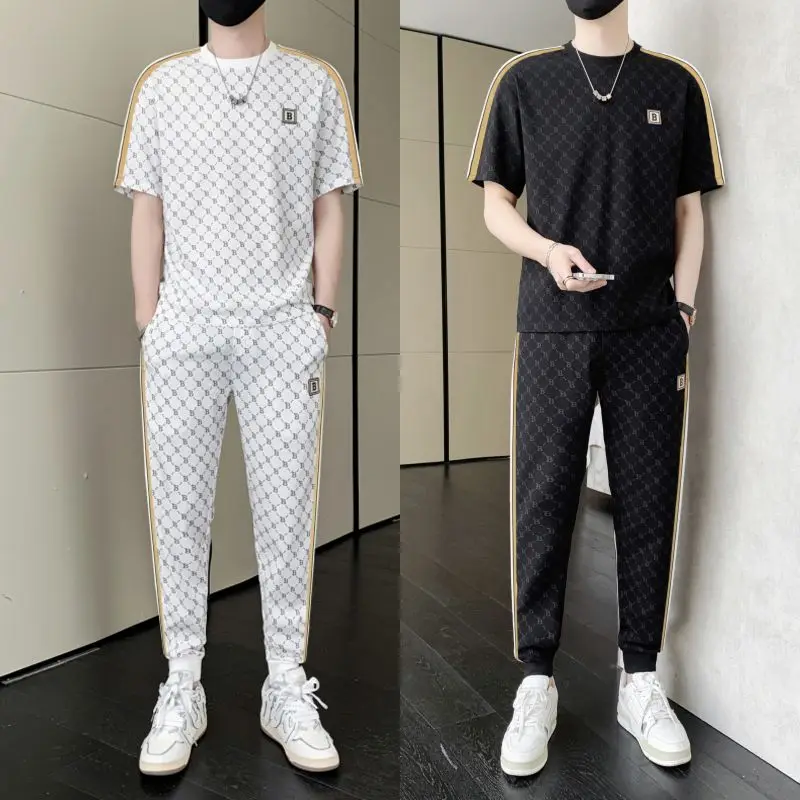 Men's Summer New Casual Ice Silk Suit Men's Trendy Handsome T-Shirt + Shorts Sports Two-Piece Suit Fashion Printed Suit